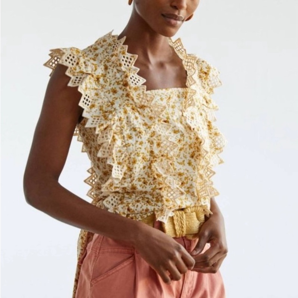 Anthropologie Cream Ruffled Embellished Blouse